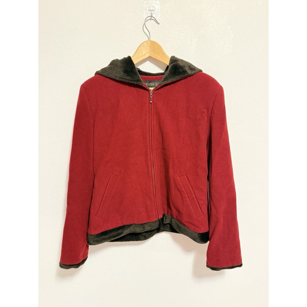 Vintage Kristen Blake Red Wool Blend Hooded Jacket Faux Fur Trim Women's Size 10